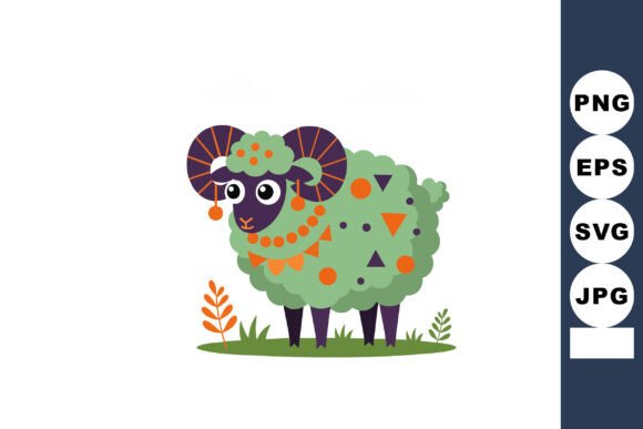 Cute Green Sheep with Decorative Orange Accents