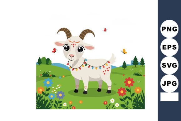 Evaluating the Cute White Goat with Decorative Lights I Illustration
